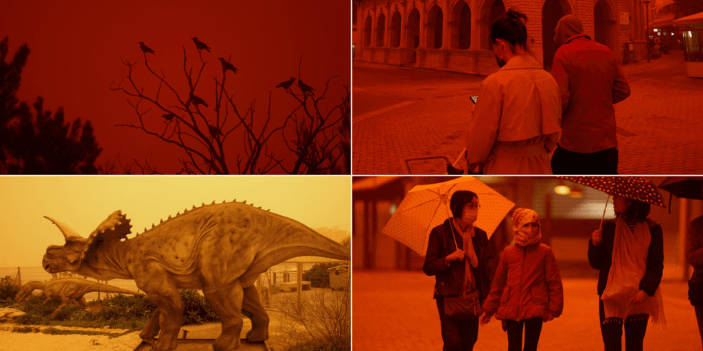 Mediterranean tourist hotspot bathed in blood-red glow as massive storm sweeps in